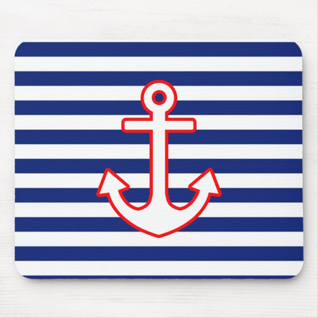 Nautical Style Anchor on Stripes Mouse Pad (Front)