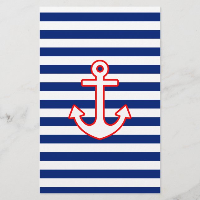 Nautical Style Anchor on Stripes Stationery (Front)