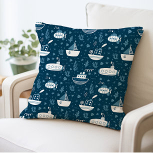 Nautical Submarine and Boat Print Cushion