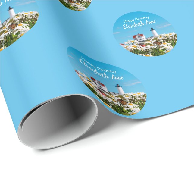Nautical Summer Birthday Nubble Maine Lighthouse Wrapping Paper (Roll Corner)