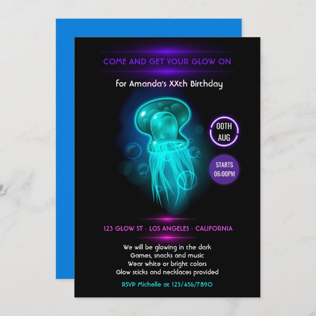 Nautical Summer Glow in the Dark Neon Party Invitation (Front/Back)