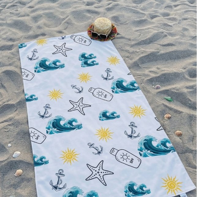 Nautical Sun & Wave Seamless Summer Pattern Beach Towel (Creator Uploaded)