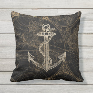 Nautical Tan Anchor on Black Vintage World Map Cushion