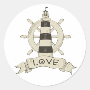 Nautical Tan Lighthouse & Ship Anchor Sailor Love Classic Round Sticker