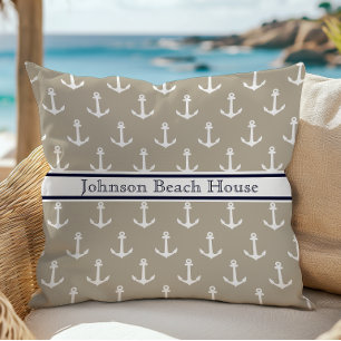 Nautical Taupe Blue White Anchor Pattern Name Cushion