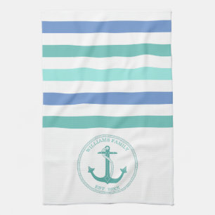 Nautical Teal Anchor Blue White Stripe Family Name Tea Towel