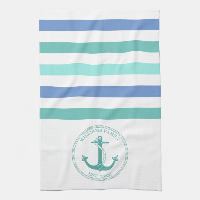 Nautical Teal Anchor Blue White Stripe Family Name Tea Towel (Vertical)