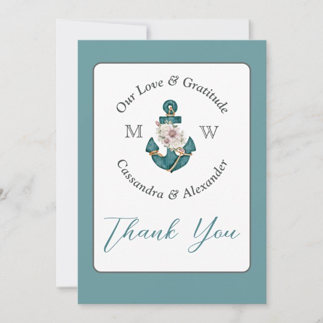 Nautical Teal Aqua Turquoise Blue Floral Anchor  Thank You Card (Front)