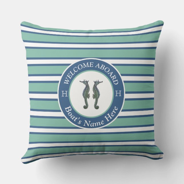 Nautical Teal Blue and White Striped Seahorse Cushion (Back)