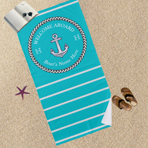 Nautical Teal Blue Boat Name Anchor Rope Striped Beach Towel