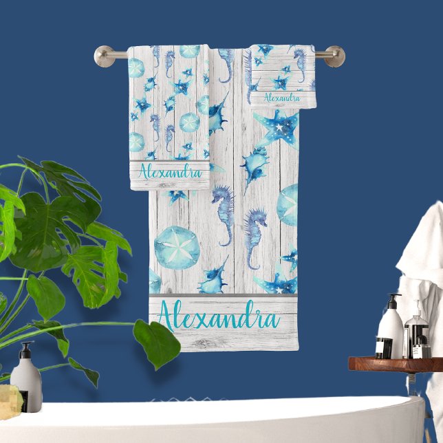 Nautical Teal Blue Coastal Sea Life white Wood Bath Towel Set (Creator Uploaded)