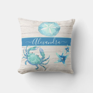 Nautical Teal Blue Crab Sand Dollar Outdoor Pillow