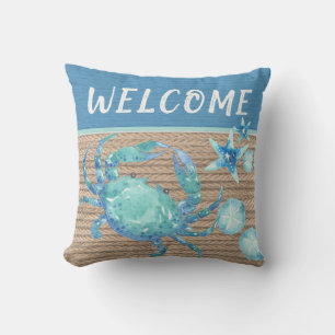 Nautical Teal Blue Crab Starfish Sand Dollar Rope Cushion