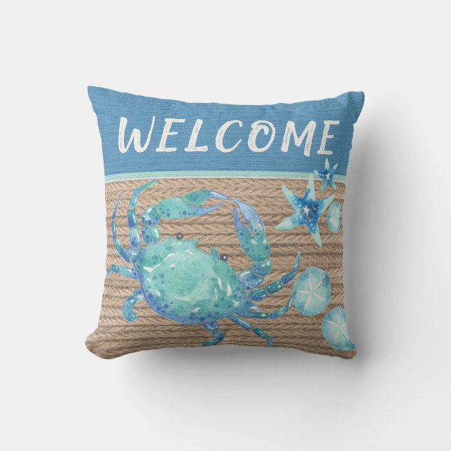 Nautical Teal Blue Crab Starfish Sand Dollar Rope  Cushion (Front)