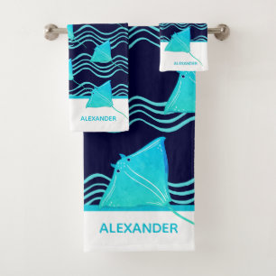 Nautical Teal Blue Navy Manta Ray Wave Bath Towel Set