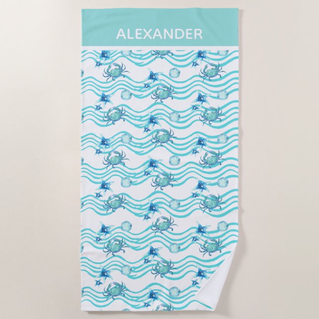 Nautical Teal Blue Sea Life Crab Starfish Beach Towel (Front)