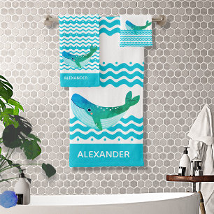 Nautical Teal Blue Whale Waves Bath Towel Set