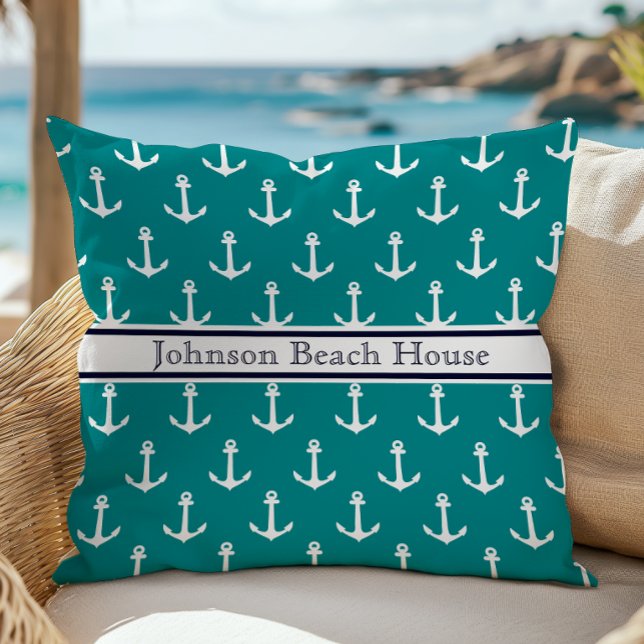 Nautical Teal Blue White Anchor Pattern Name Cushion (Creator Uploaded)