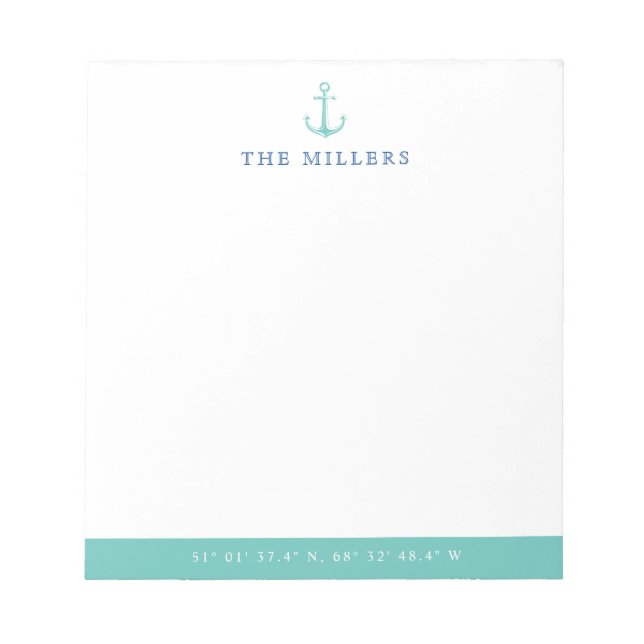 Nautical Teal & Navy Anchor Latitude/Longitude Notepad (Front)