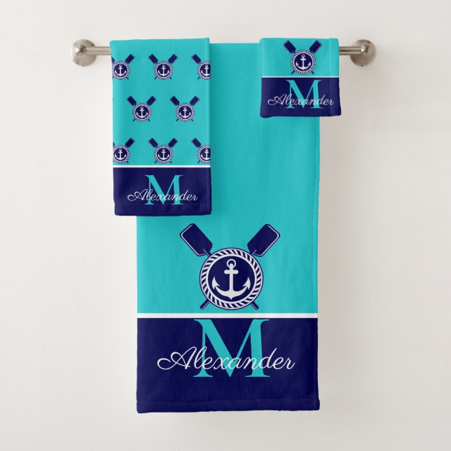  Nautical Teal Navy Blue Anchor and Paddles Bath T Bath Towel Set (Insitu)