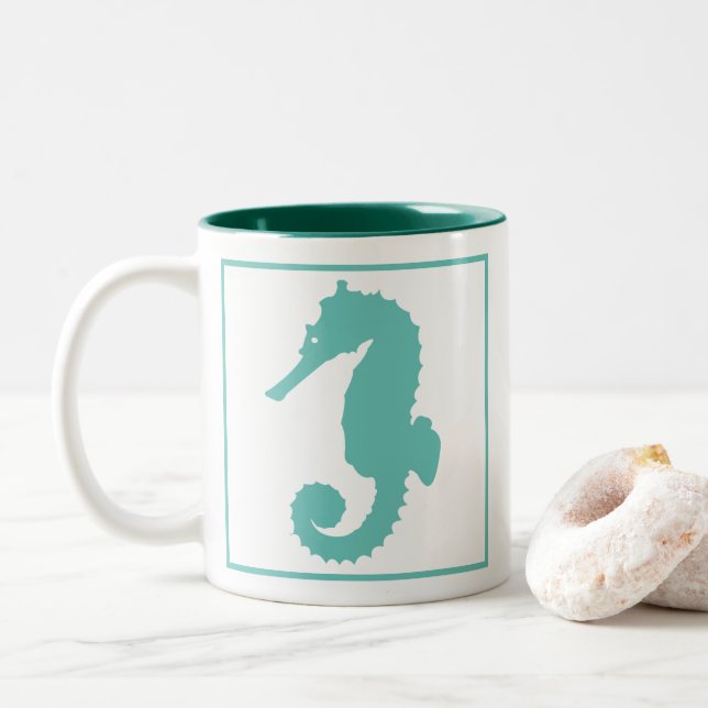 Nautical Teal Seahorse Two-Tone Coffee Mug (With Donut)