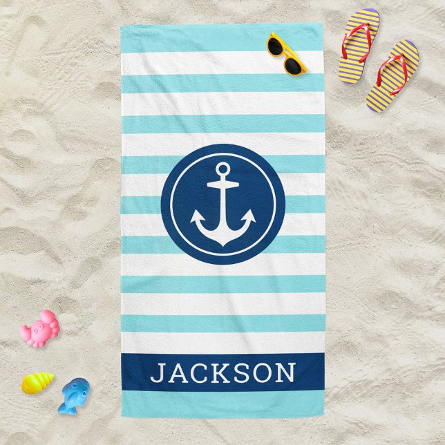 Nautical Teal Stripe Anchor Monogram Name Beach Towel (Creator Uploaded)