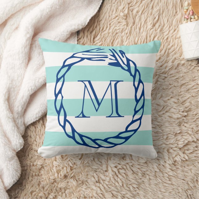 Nautical teal stripe navy blue rope monogram cushion (Blanket)