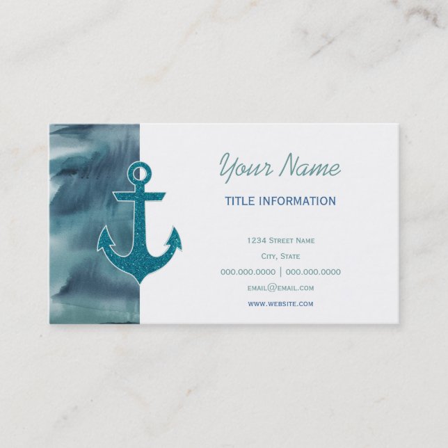 Nautical Teal Watercolor Glitter Anchor Business Card (Front)