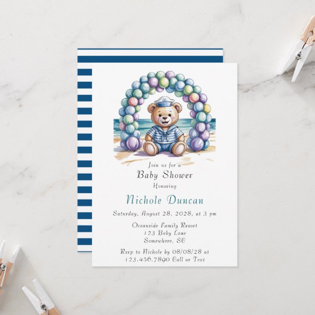 Nautical Teddy Bear Beach Boy Baby Shower Invitation (Front/Back In Situ)