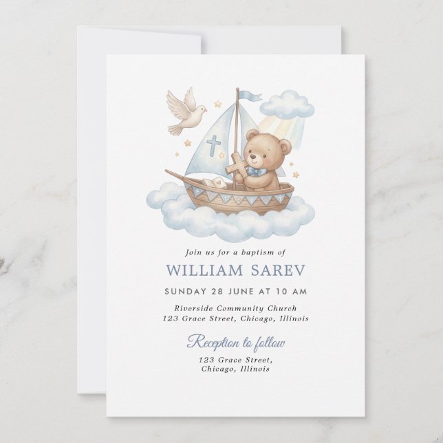 Nautical Teddy Bear Christening Blue Invitation (Front)