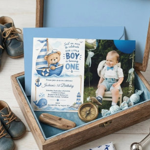 Nautical Teddy Bear Sailboat 1st Birthday Photo Invitation