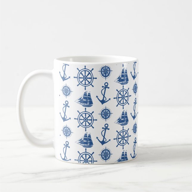 Nautical Theme Anchor Blue and White Coffee Mug (Left)