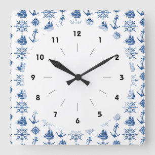 Nautical Theme Anchor Blue and White Square Wall Clock