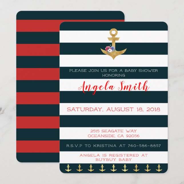 Nautical Theme Baby Shower Anchors Away Striped Invitation (Front/Back)