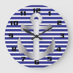 Nautical Theme Blue Stripes Pattern Anchor Large Clock