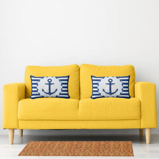 Nautical Theme Blue White Anchor Marine Stripe  Decorative Cushion (Creator Uploaded)