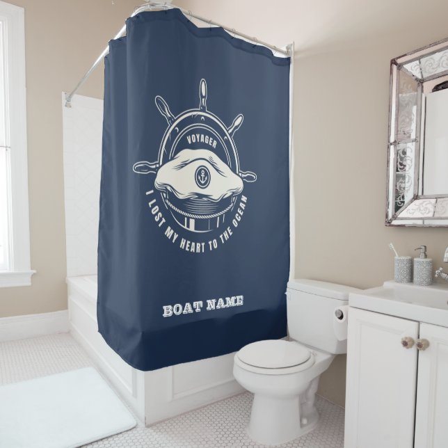 Nautical Theme Boat Name Navy Blue Shower Curtain (In Situ)