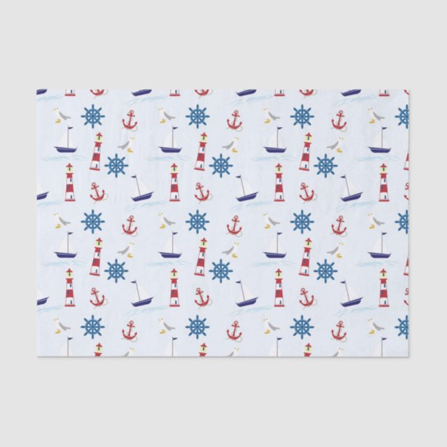 Nautical Theme Boats, Anchors and Lighthouses Blue Tissue Paper (Front)
