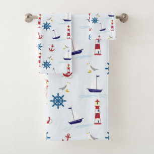 Nautical Theme Boats and Lighthouses Blue Bath Towel Set