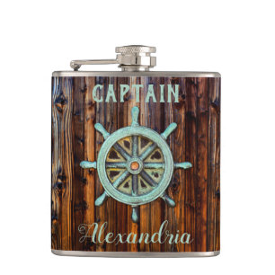Nautical Theme Bronze Captains Wheel Small Hip Flask