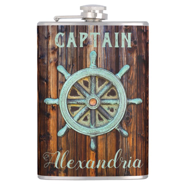 Nautical Theme Bronze Captains Wheel Tall Hip Flask (Front)