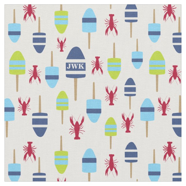 Nautical Theme Buoy and lobster monogrammed Fabric (Close Up)
