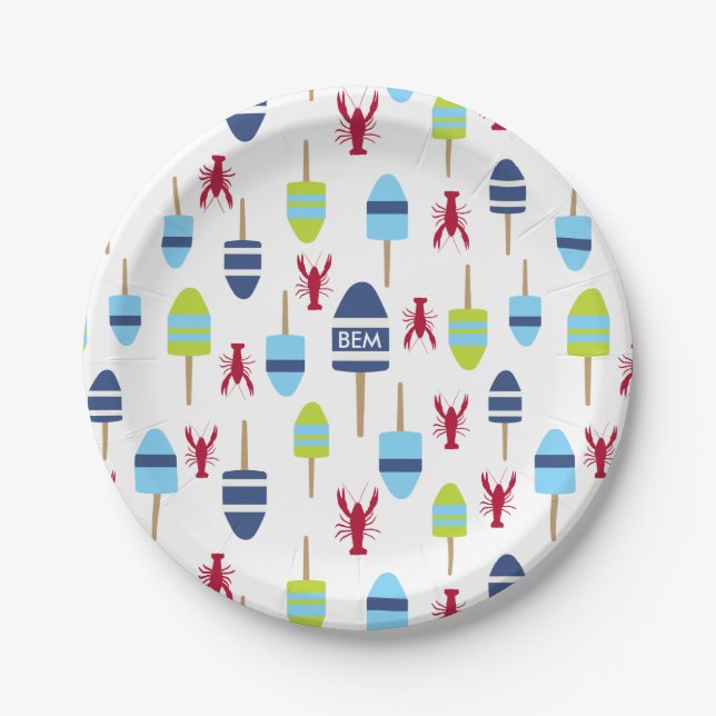 Nautical Theme Buoy and lobster monogrammed Paper Plate (Front)