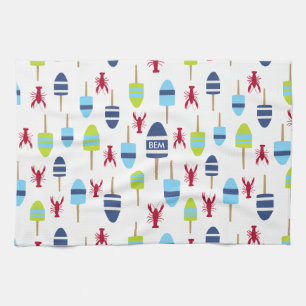 Nautical Theme Buoy and lobster monogrammed Tea Towel