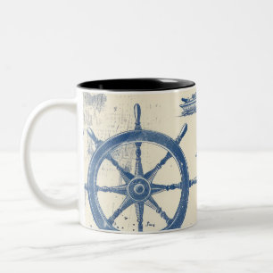 Nautical Theme Ceramic Mug with Anchor, Helm, and