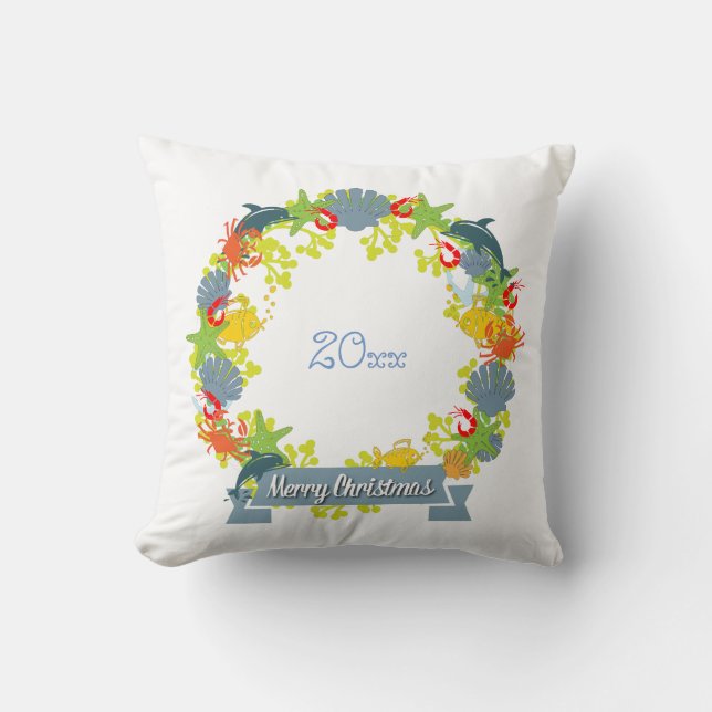 Nautical Theme Christmas Wreath Pillow - Coastal (Front)