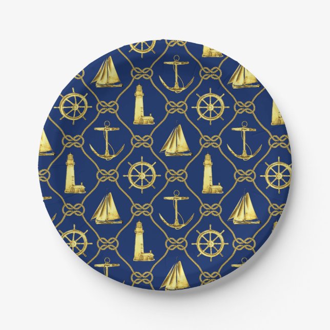 Nautical Theme Navy Blue Gold Anchor Lighthouse Paper Plate (Front)