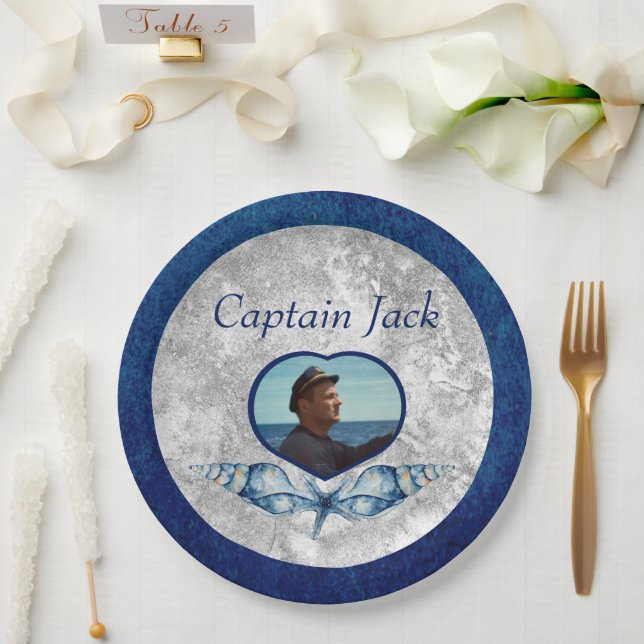 Nautical-theme Navy Blue Photo  Shells Watercolor  Paper Plate (Wedding)