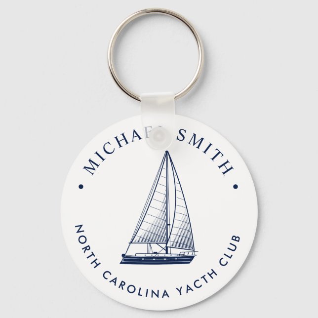 Nautical Theme | Sailboat Club Custom Navy Key Ring (Front)