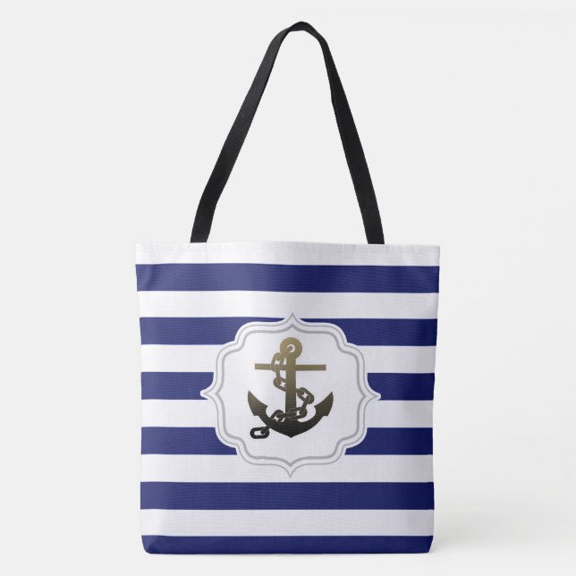 Nautical Theme Trendy Anchor Blue Stripe Pattern Tote Bag (Front)
